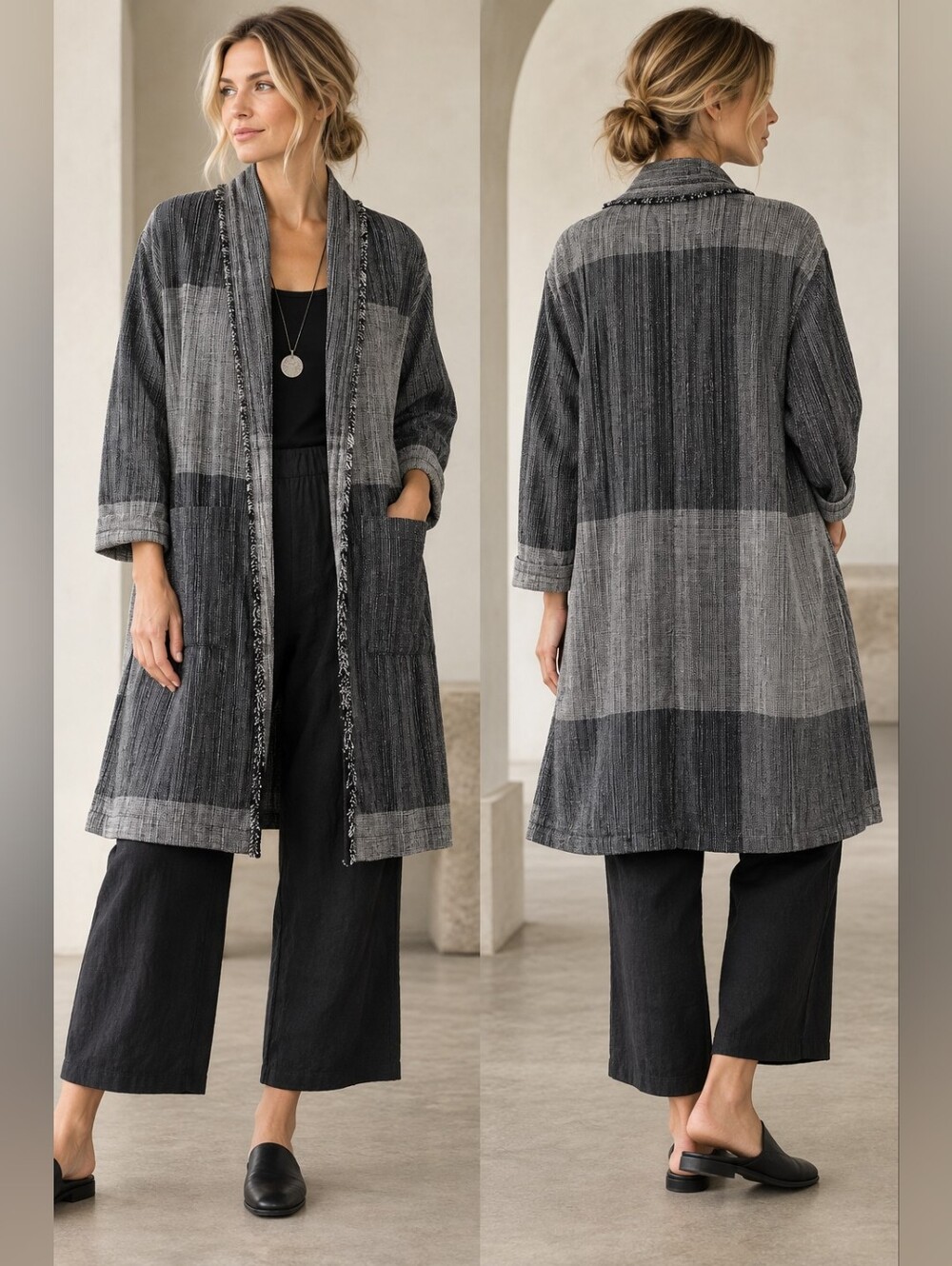 EILEEN FISHER BLACK GRAY ORGANIC COTTON TEXTURED LONG JACKET CARDIGAN S/M